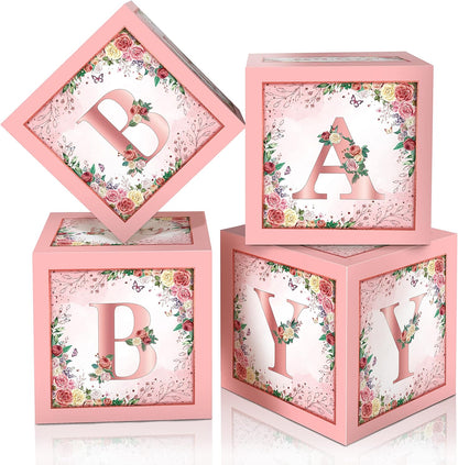 Floral Baby Shower Box Birthday Party Decoration Pink Balloon Blocks First Birthday Centerpiece Decor for Girls Rose Gold Gender Reveal Party Supplies…