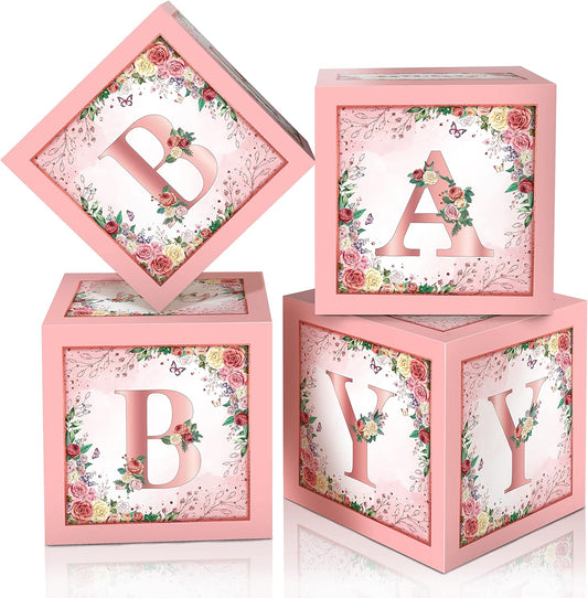 Floral Baby Shower Box Birthday Party Decoration Pink Balloon Blocks First Birthday Centerpiece Decor for Girls Rose Gold Gender Reveal Party Supplies…