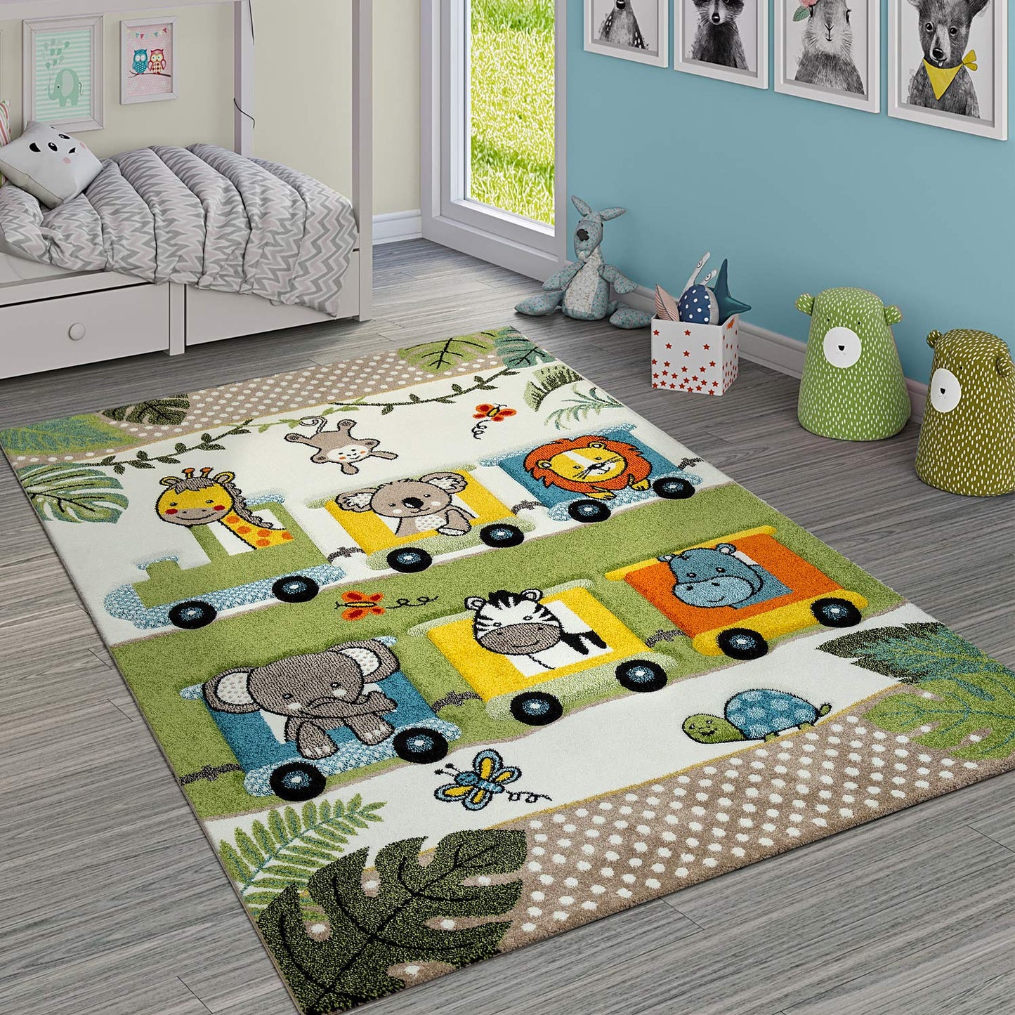 Kids Rug with Cute Animals on a Hot Air Balloon Ride in Pastel, Size: 2'8" x 4'11"