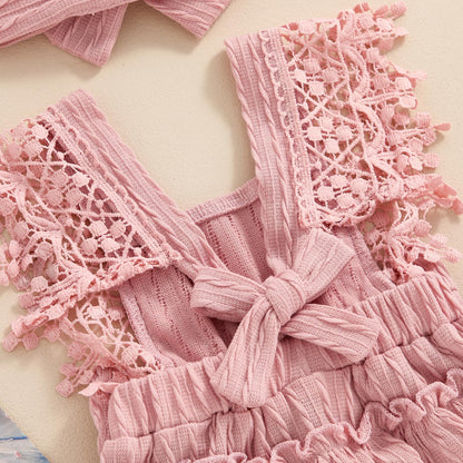 Newborn Baby Girl Lace Romper Ruffle Sleeveless Backless One Piece Jumpsuit Bodysuit with Headband Summer Clothes