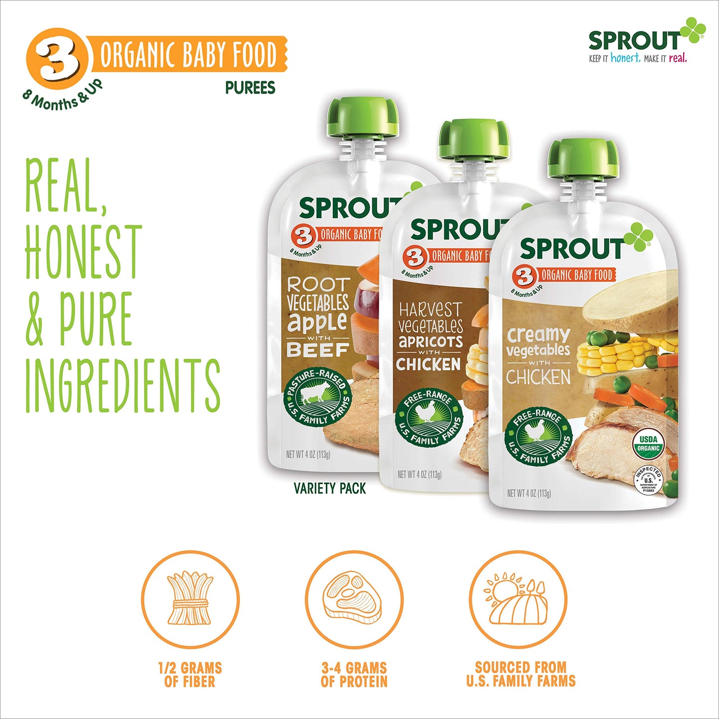 Sprout Organics Baby Food, Root Veg & Beef, Creamy Veg & Chicken, Plant-Based Chickpea Protein Pack, 8+ Months, 4 Oz Purees (Pack of 18)