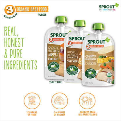 Sprout Organics Baby Food, Root Veg & Beef, Creamy Veg & Chicken, Plant-Based Chickpea Protein Pack, 8+ Months, 4 Oz Purees (Pack of 18)