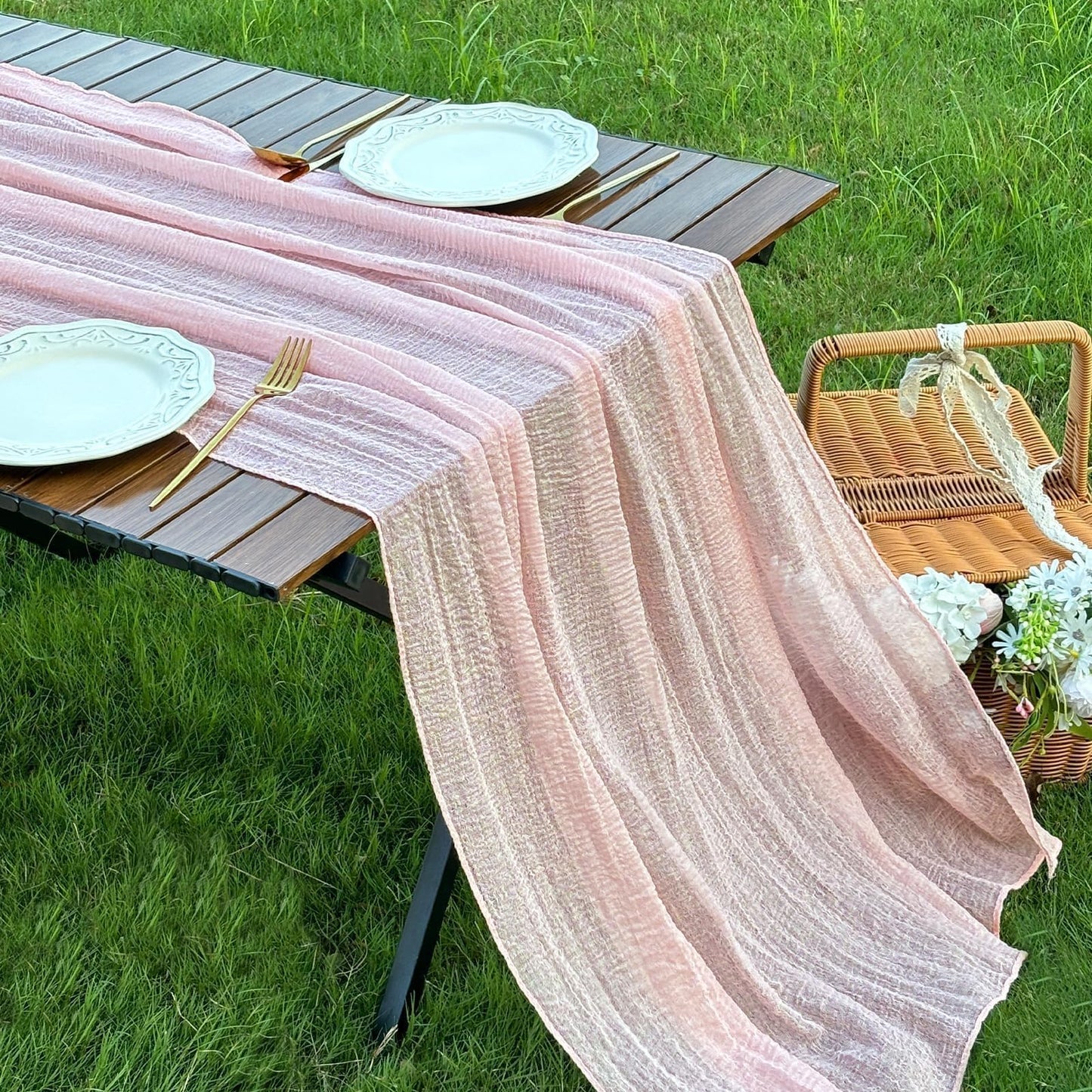FEXIA Beige Cheesecloth Table Runner 35x120 Inches Ivory Gauze Rustic Boho Spring Easter Table Runner for Engagement Party Decorations Bridal Shower Wedding Party First Communion Centerpiece