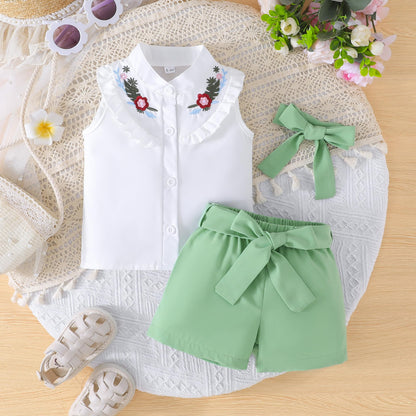 SUREPOCH Baby Girl Clothes Toddler Summer Embroidery Short Shirt Pant Girl Outfit Sleeveless Top Clothes Set