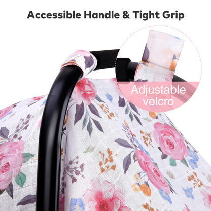 Rquite Car Seat Cover, Muslin Cotton Infant Car Seat Canopy, Breathable Baby Carrier Cover, Summer Stroller Sun Shade, Flower