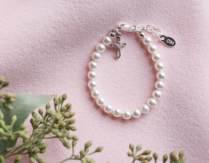 Children's 14K Gold Plated or Sterling Silver Cross Bracelet with Simulated Pearls for Girls First Communion, Baptism, Christening or Dedication Gift