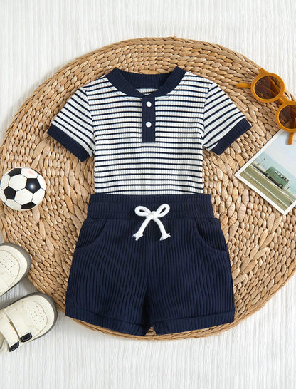 Baby Boy Outfits Ribbed Short Sleeve Striped Romper Top Solid Shorts with Pocket Baby Boy Summer Clothes 0-18M