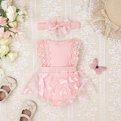 Baby Girl Summer Clothes Cute Newborn Girl Outfits Sleeveless Lace One Piece Romper + Headband 2pcs set 0-12 Months