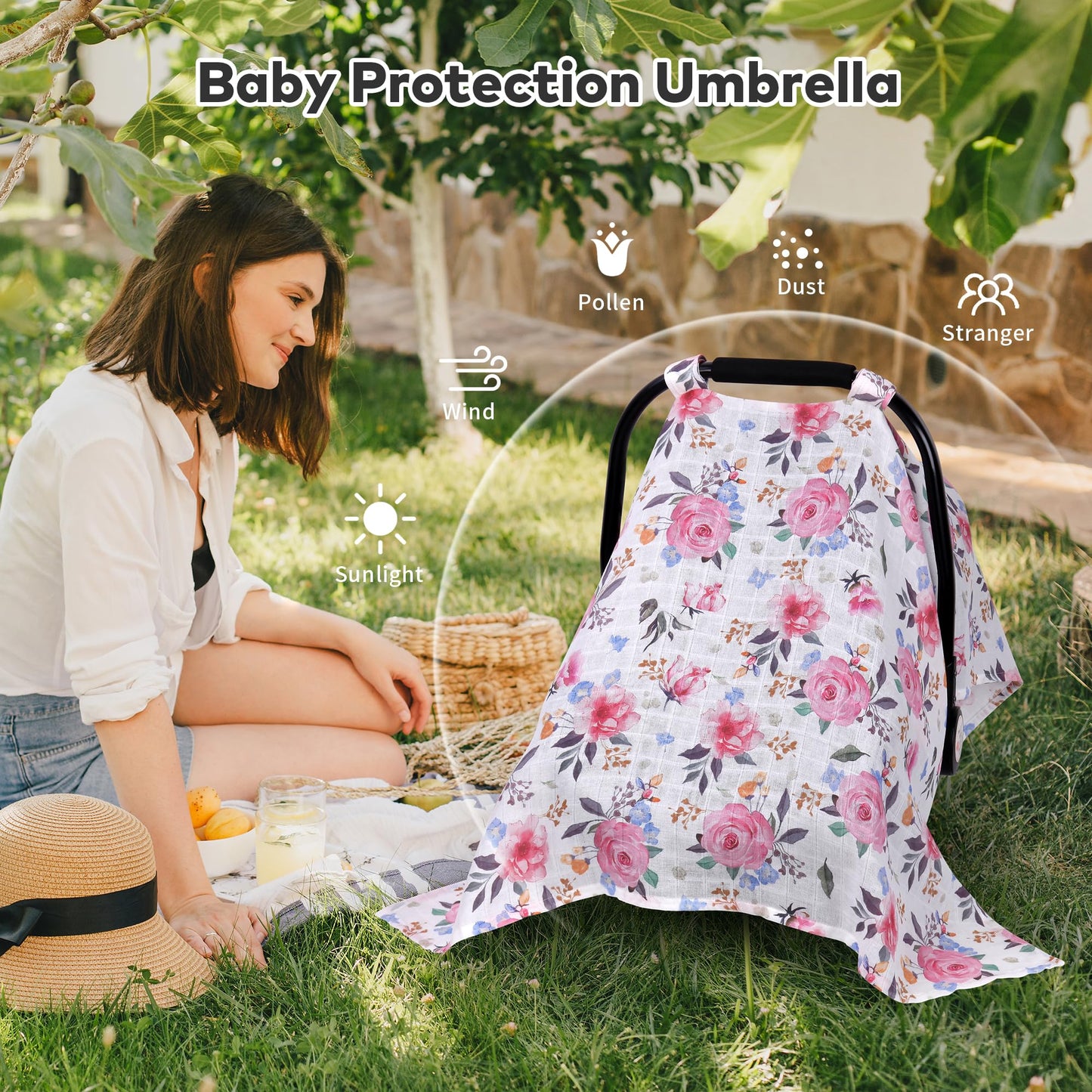 Rquite Car Seat Cover, Muslin Cotton Infant Car Seat Canopy, Breathable Baby Carrier Cover, Summer Stroller Sun Shade, Flower