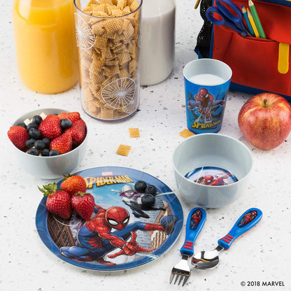 Zak Designs 5-Piece Dinnerware Set, Baby Shark - Durable Plastic & Stainless Steel - Includes Water Bottle, 8-Inch Plate, 6-Inch Bowl, Fork & Spoon - Suitable for Kids Ages 3+