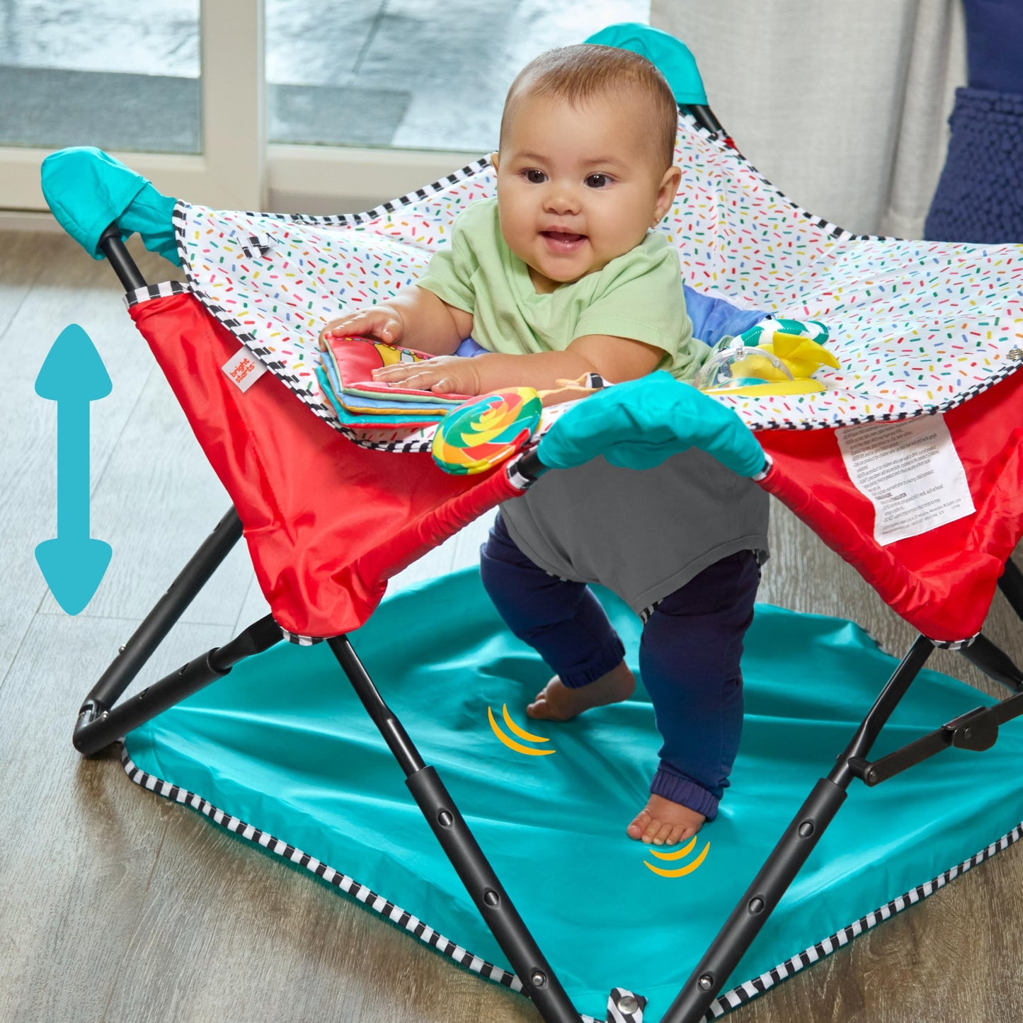 Bright Starts Pop 'N Jump Portable Activity Jumper, Indoor/Outdoor Use, Owl Forest with 4 Sensory Toys, Ages 6-12 Months