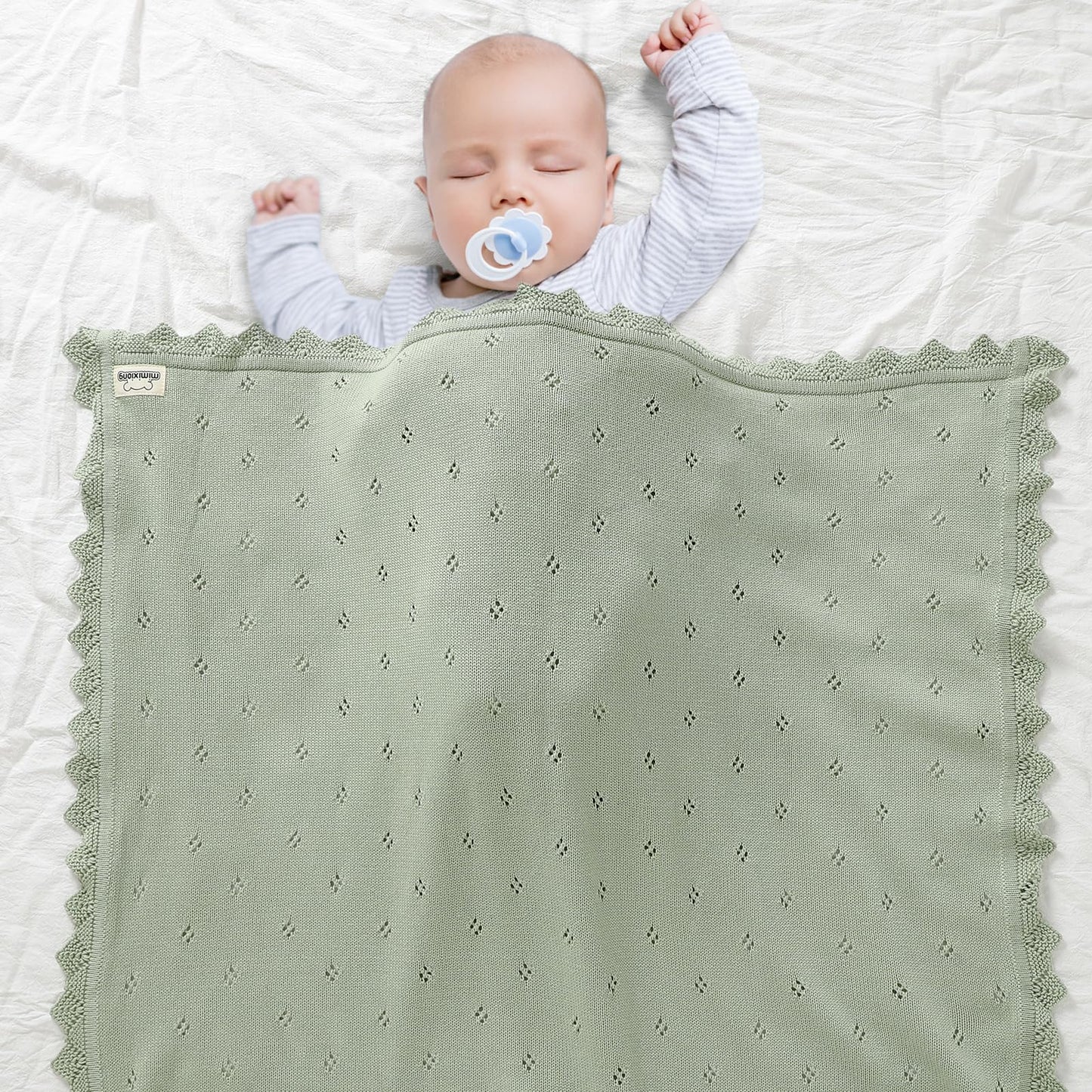 mimixiong Cotton Baby Blanket Knitted Crochet Receiving Crib Nursery Swaddling Blankets for Newborn Baby Boy Girl Off White 30x40 Inch