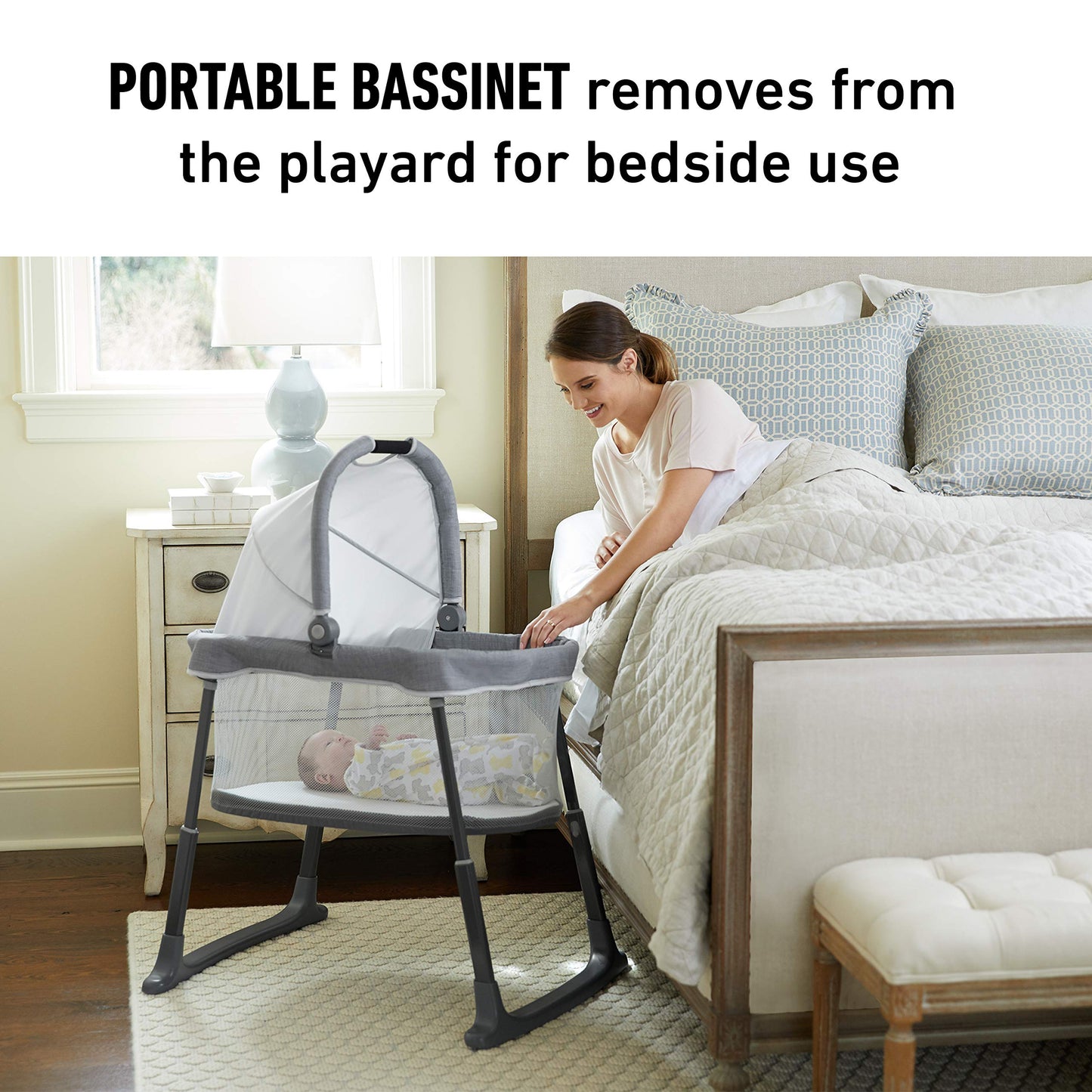 Graco On The Go Zip Pack ‘n Play Playard, Folding Playpen with Bassinet, Portable Crib, Reeves