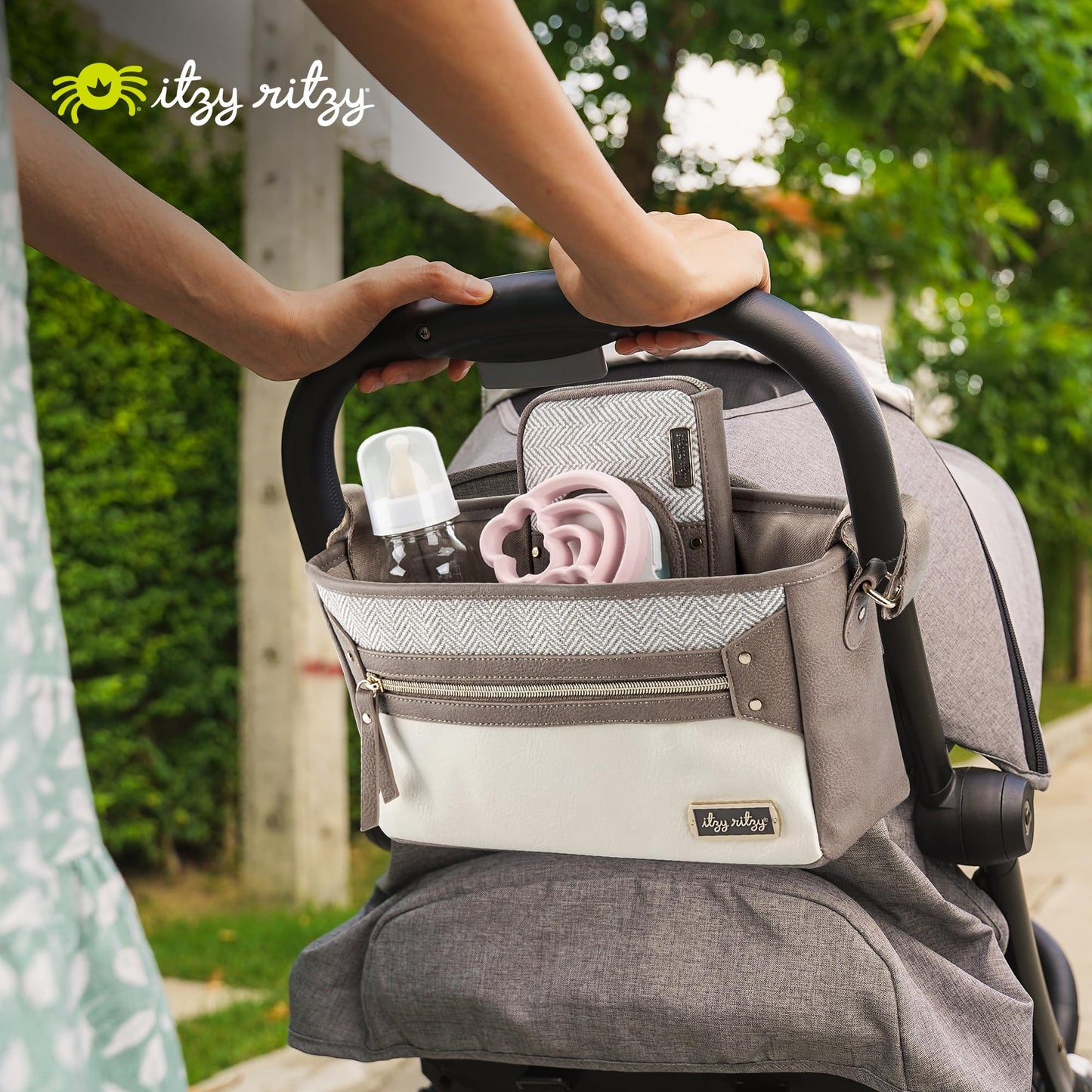 Itzy Ritzy Adjustable Stroller Caddy and Organizer Bag Featuring Front Zippered Pocket, 2 Built-in Interior Pockets & Adjustable Straps to Fit Nearly Any Stroller (Chai)