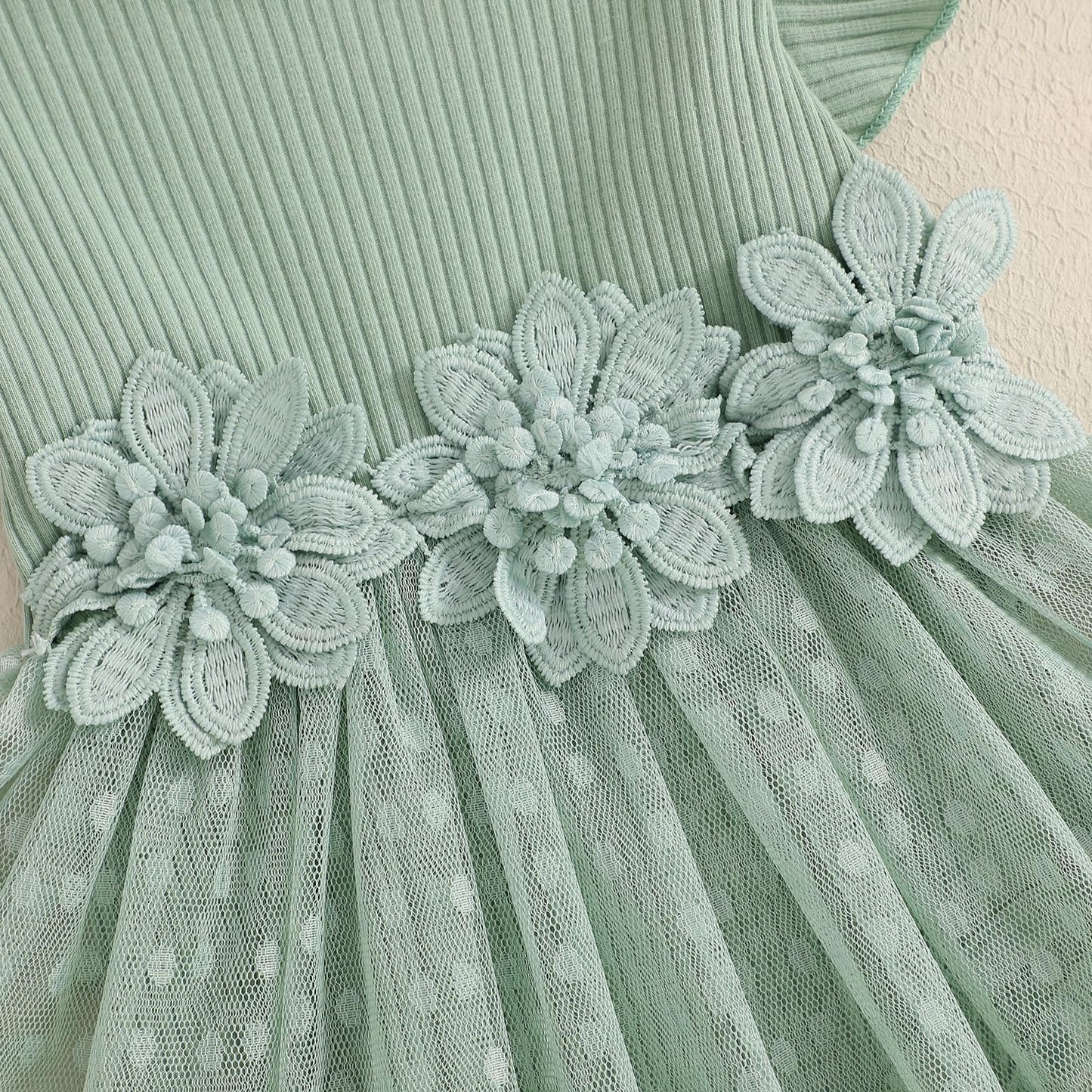 Hnyenmcko Newborn Baby Girl Summer Romper Dress Infant Fly Sleeve Flower Embroidery Mesh Tulle Skirt Hem Ribbed Bodysuit