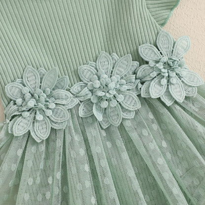 Hnyenmcko Newborn Baby Girl Summer Romper Dress Infant Fly Sleeve Flower Embroidery Mesh Tulle Skirt Hem Ribbed Bodysuit