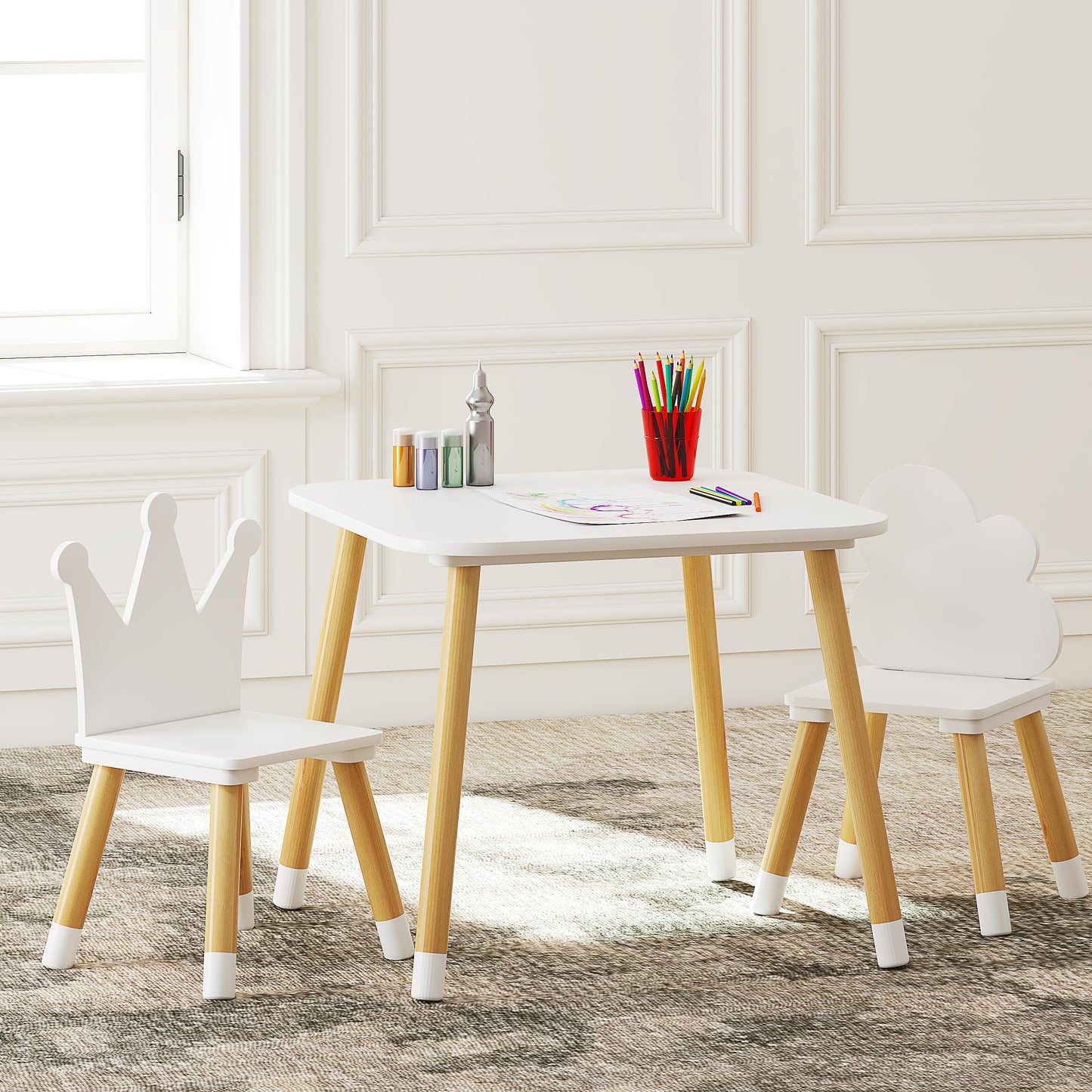 UTEX Kids Wood Table and Chair Set, Kids Play Table with 2 Chairs,3 Pieces Kids Round Table for Toddlers, Girls, Boys,White