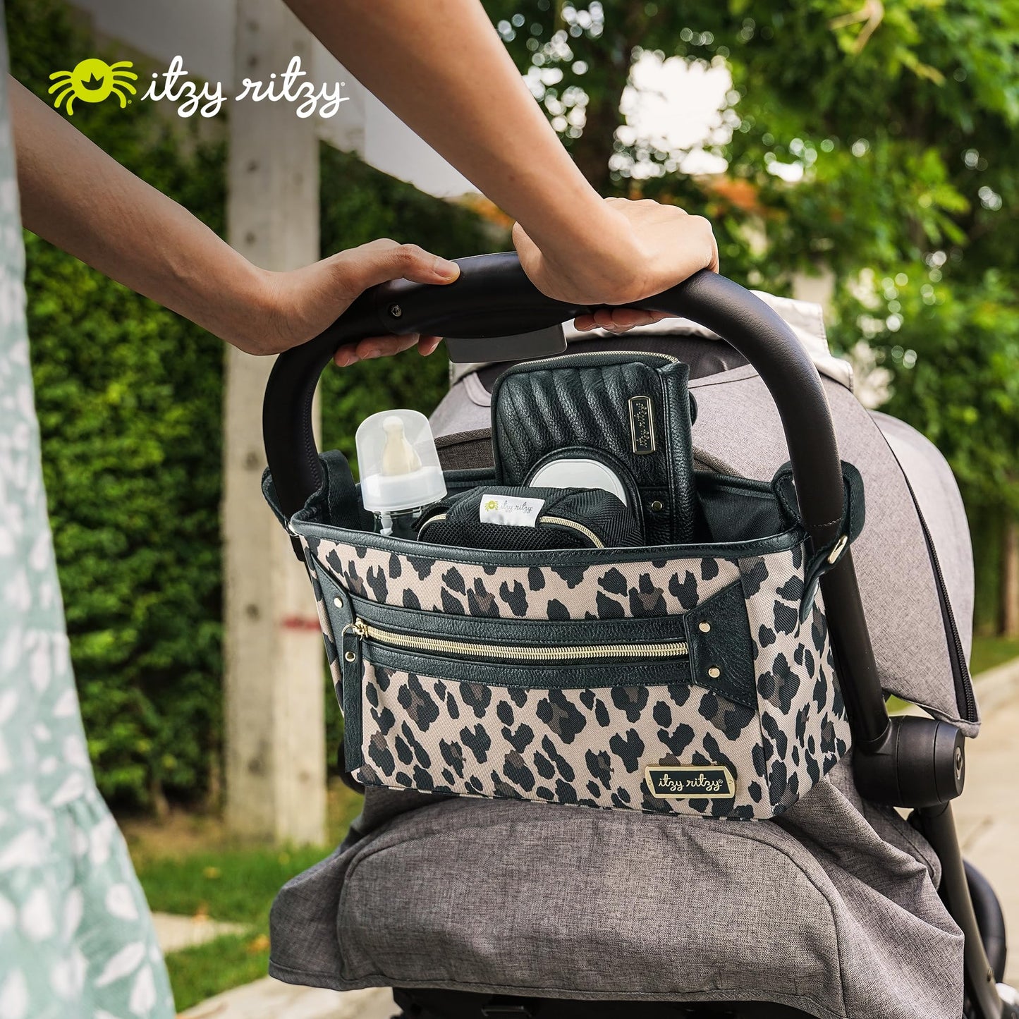 Itzy Ritzy Adjustable Stroller Caddy and Organizer Bag Featuring Front Zippered Pocket, 2 Built-in Interior Pockets & Adjustable Straps to Fit Nearly Any Stroller (Chai)