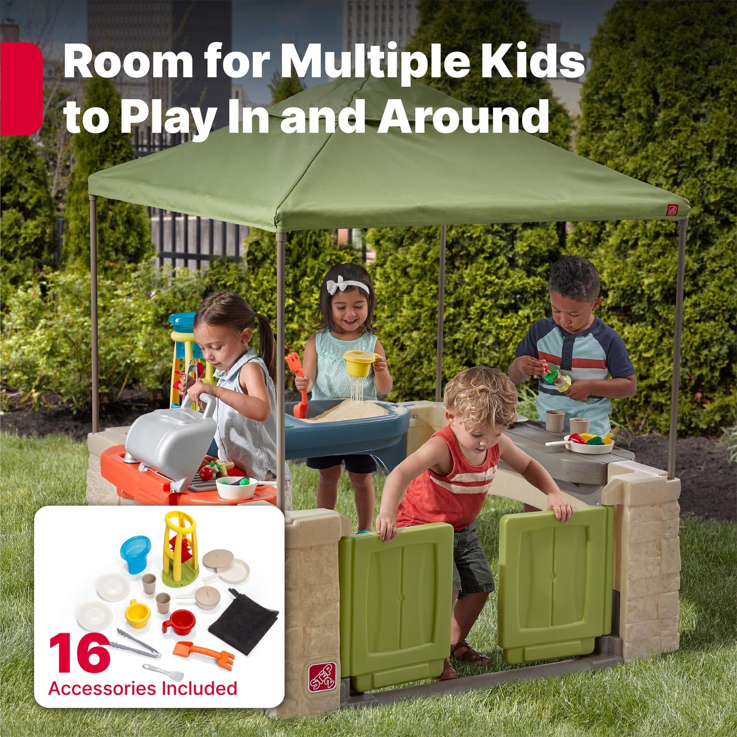 Step2 All Around Playtime Patio with Canopy, Kids Indoor/Outdoor Kitchen Playset & Sensory Playhouse, Made of Durable Plastic, Includes 16 Piece Toy Accessories, For Toddlers 2+ Years Old, Green