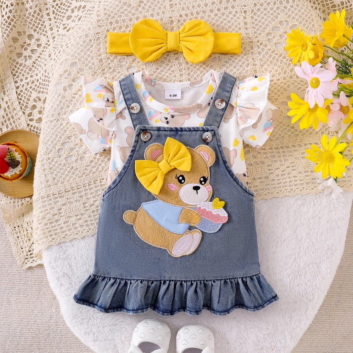 Baby Girl Clothes Suspender Skirt Newborn Ruffle Romper Cute Bear Jeans Dress Bow Headband Summer Outfits 0-18 Months