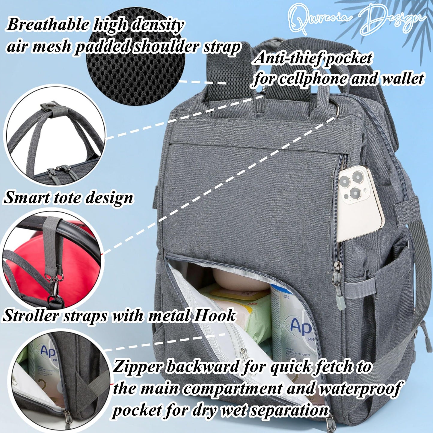 Diaper Bag Backpack for Dad and Mom with USB Charging Port Stroller Straps and Insulated Pocket,army military Travel Nappy Backpack for Daddy/Mommy (Black)