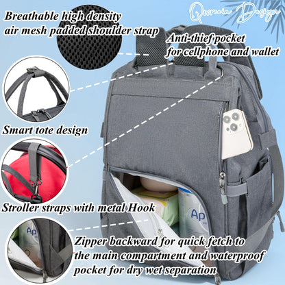 Diaper Bag Backpack for Dad and Mom with USB Charging Port Stroller Straps and Insulated Pocket,army military Travel Nappy Backpack for Daddy/Mommy (Black)