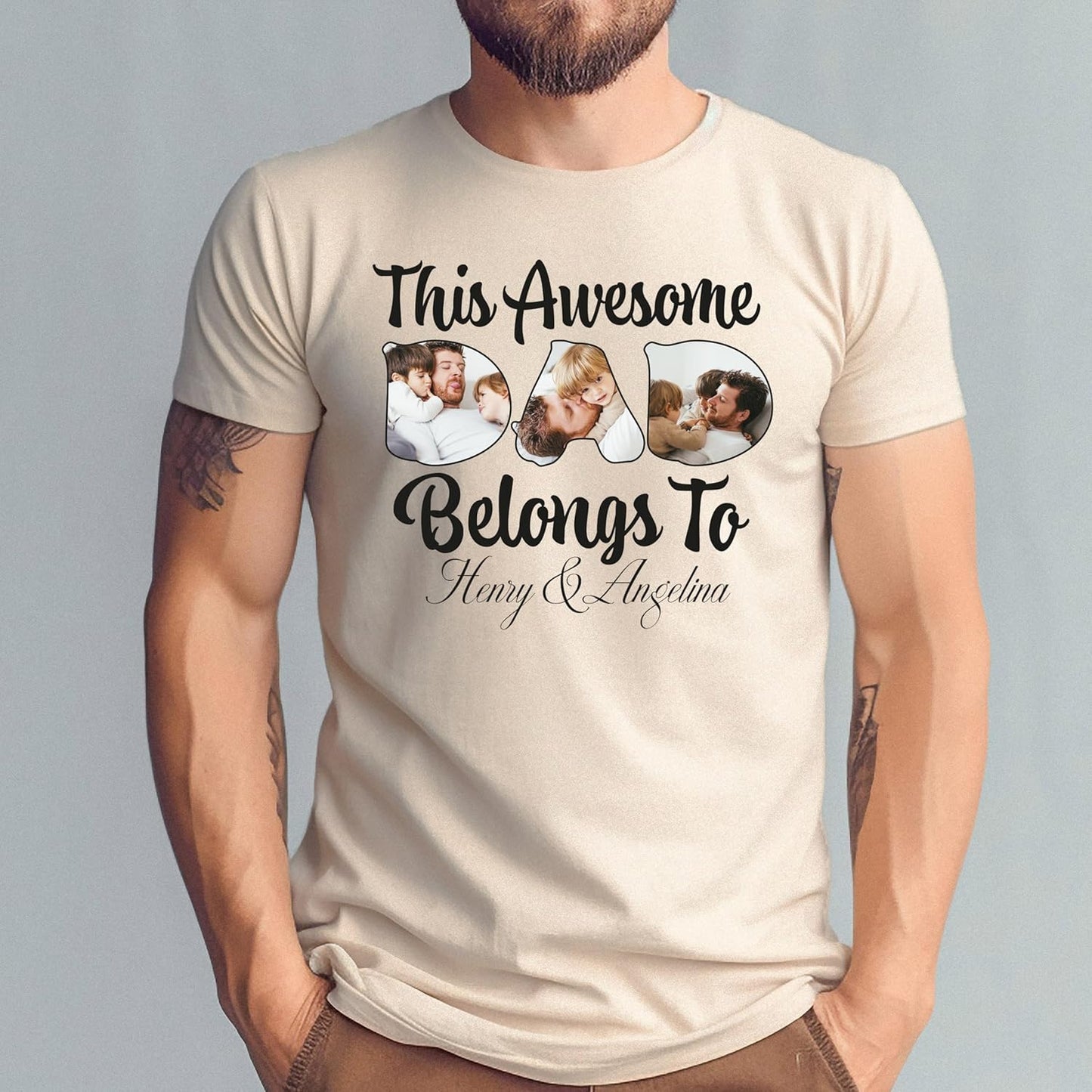 Customized DAD Shirt, Father's Day Shirt with Kids Names and Photos, Dad Birthday Gifts from Daughter Son Wife White