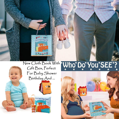 bebe mondo Teddy Bear Soft Baby Book Activity Quiet Cloth Books Developmental Toys Interactive Baby Books for Babies Toddlers Infants, Easter Gifts for Boys Girls,Washable Mirror Toy, Goodnight W Box