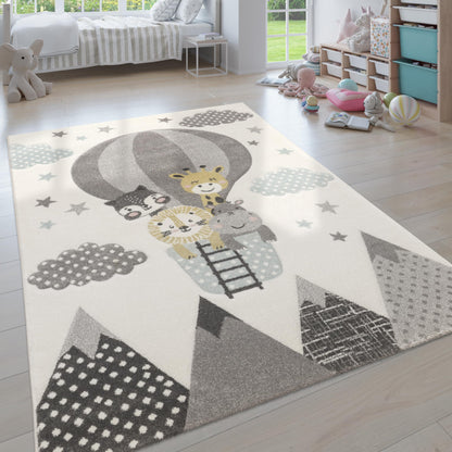Kids Rug with Cute Animals on a Hot Air Balloon Ride in Pastel, Size: 2'8" x 4'11"