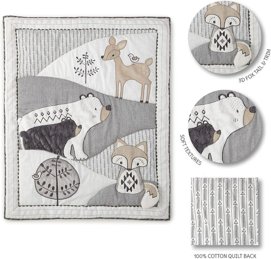 Levtex Baby - Bailey Crib Bed Set - Baby Nursery Set - Charcoal, Taupe, White - Neutral Forest Theme - 5 Piece Set Includes Quilt, Fitted Sheet, Diaper Stacker, Wall Decal & Skirt/Dust Ruffle