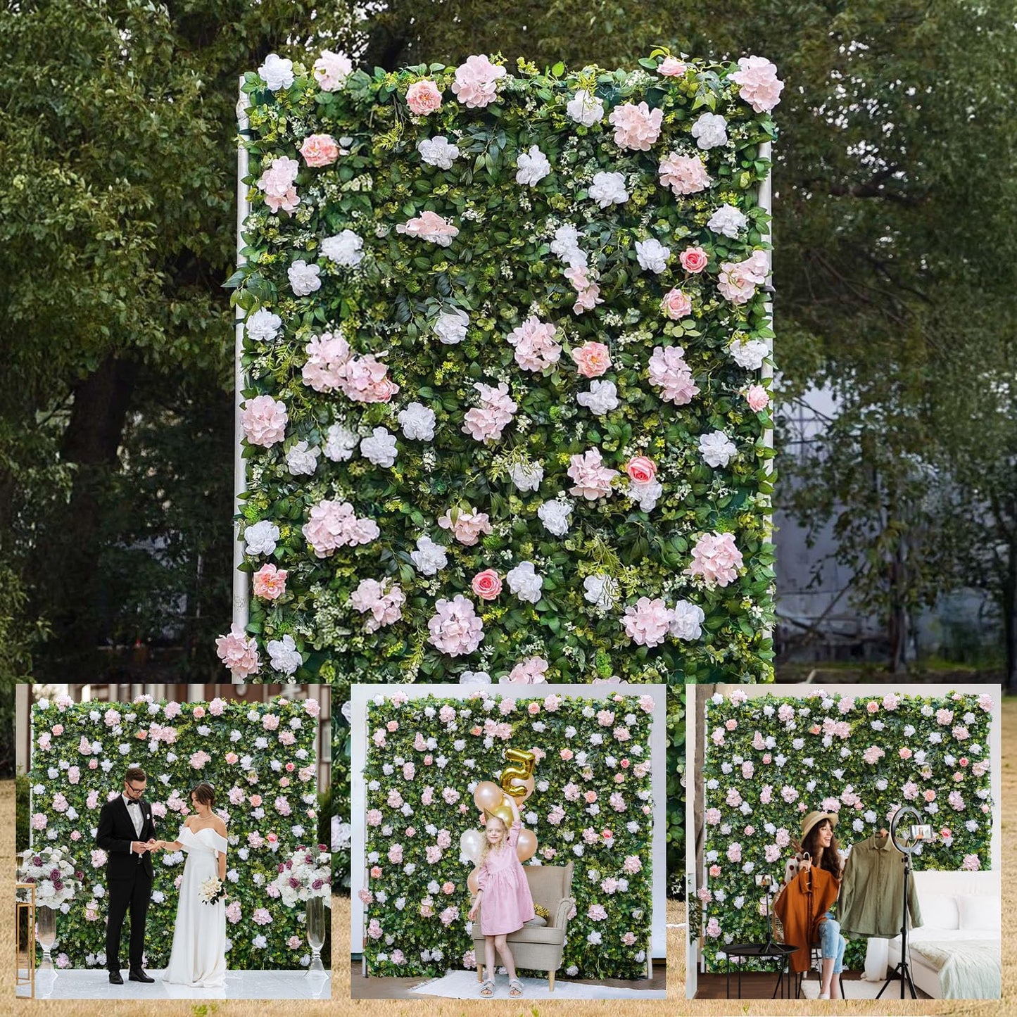 Artificial Luxury‌ Flower Wall Panels, Gorgeous 3D Silk Floral Backdrop for Wedding, Baby Show, Party and Home Decor, Quick Assembly/Storage, Eco ＆ Pet Friendly, 2 pcs, Each Panel 2*8 ft.