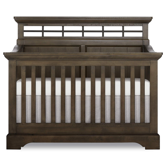Evolur Empire 5-in 1 Convertible Crib with Metal Elements in Distressed Timber, Green Guard Certificated, Free Mattress