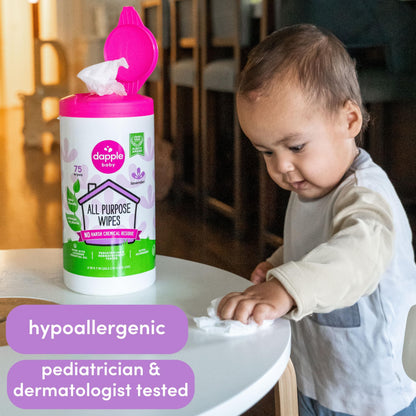 All Purpose Wipes by Dapple Baby, Hypoallergenic Cleaning Wipes Powered by Plants, Hint of Lavender, 75 Count Canister (Pack of 2) + 30 Count (Pack of 2)