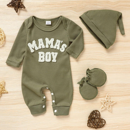 GRNSHTS Newborn Baby Boy Romper Coming Home Outfits Letter Print Bodysuit Jumpsuit+Hat+Gloves 3PCS Clothes Set