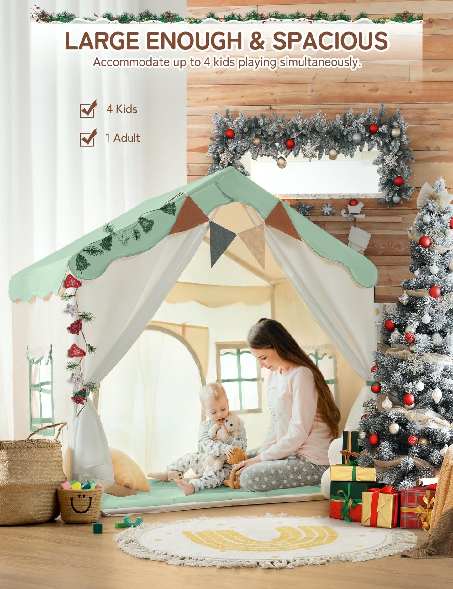 BESREY Kids Play Tent - 2 in 1 with Padded Mat & Lights, Large Playhouse with 2 Doors & 4 Windows, Indoor & Outdoor, Christmas Toddler Play Tent, 51" x 35" x 51