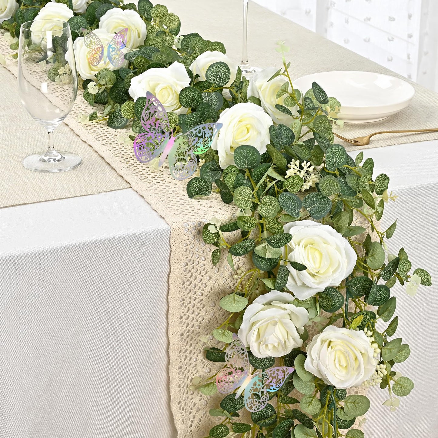 Yastouay 6.4 Ft Fuller Artificial Eucalyptus Garland with Champagne Flowers Fake Rose Vine for Table Centerpiece Wedding Baby Shower Party Room Backdrop Decor