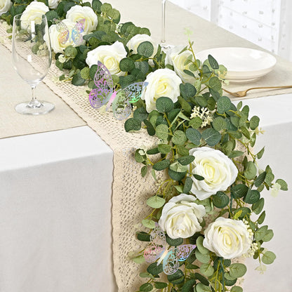 Yastouay 6.4 Ft Fuller Artificial Eucalyptus Garland with Champagne Flowers Fake Rose Vine for Table Centerpiece Wedding Baby Shower Party Room Backdrop Decor
