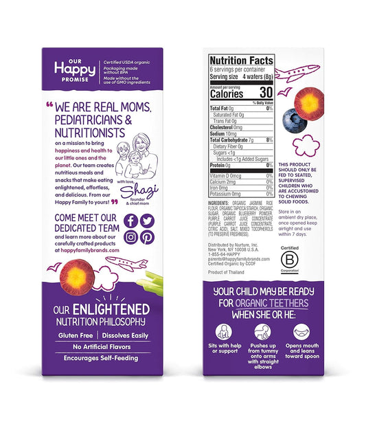 Happy Baby Gentle Teethers Organic Teething Wafers Blueberry Purple Carrot, 0.14 Ounce Packets (Box of 12) Soothing Rice Cookies for Teething Babies Dissolves Easily, Gluten Free No Artificial Flavor