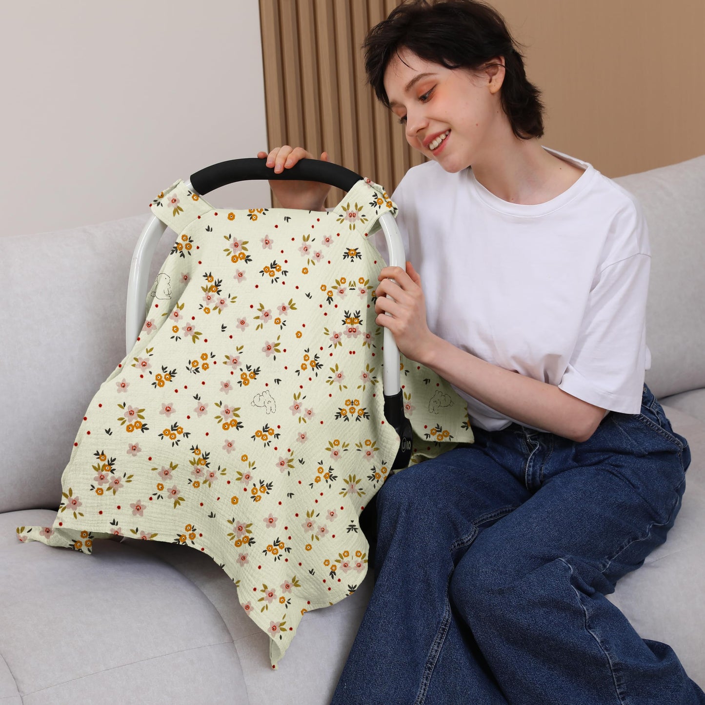 100% Muslin Cotton Car Seat Cover Baby, Carseat Canopy Cover, Universal Fit Stroller Covers for Boys and Girls (Summer Wheat)
