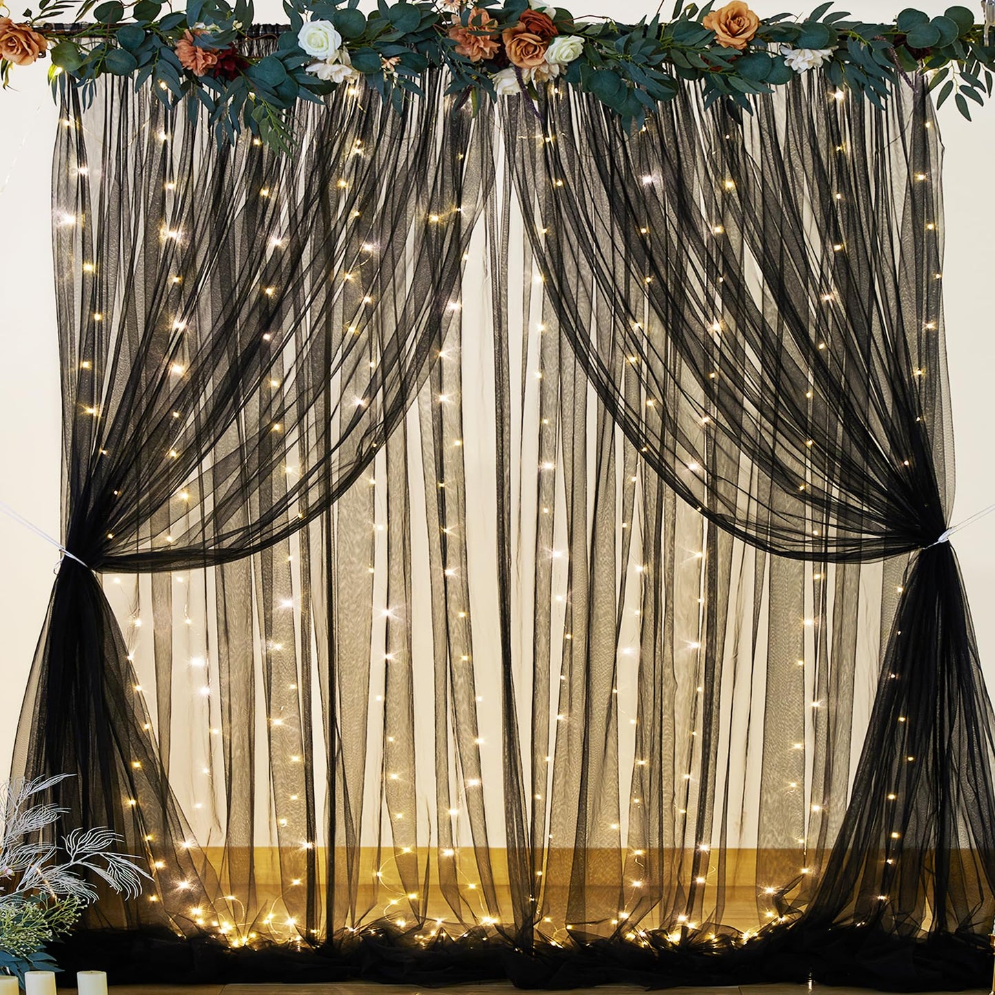 White Tulle Backdrop Curtain with Lights String for Parites 10×8ft Sheer Backdrop Curtains White Curtain Backdrop for Wedding Baby Shower Birthday Party Photo Shoot Decorations(2 Panels 10ft×8ft)