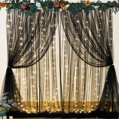 White Tulle Backdrop Curtain with Lights String for Parites 10×8ft Sheer Backdrop Curtains White Curtain Backdrop for Wedding Baby Shower Birthday Party Photo Shoot Decorations(2 Panels 10ft×8ft)