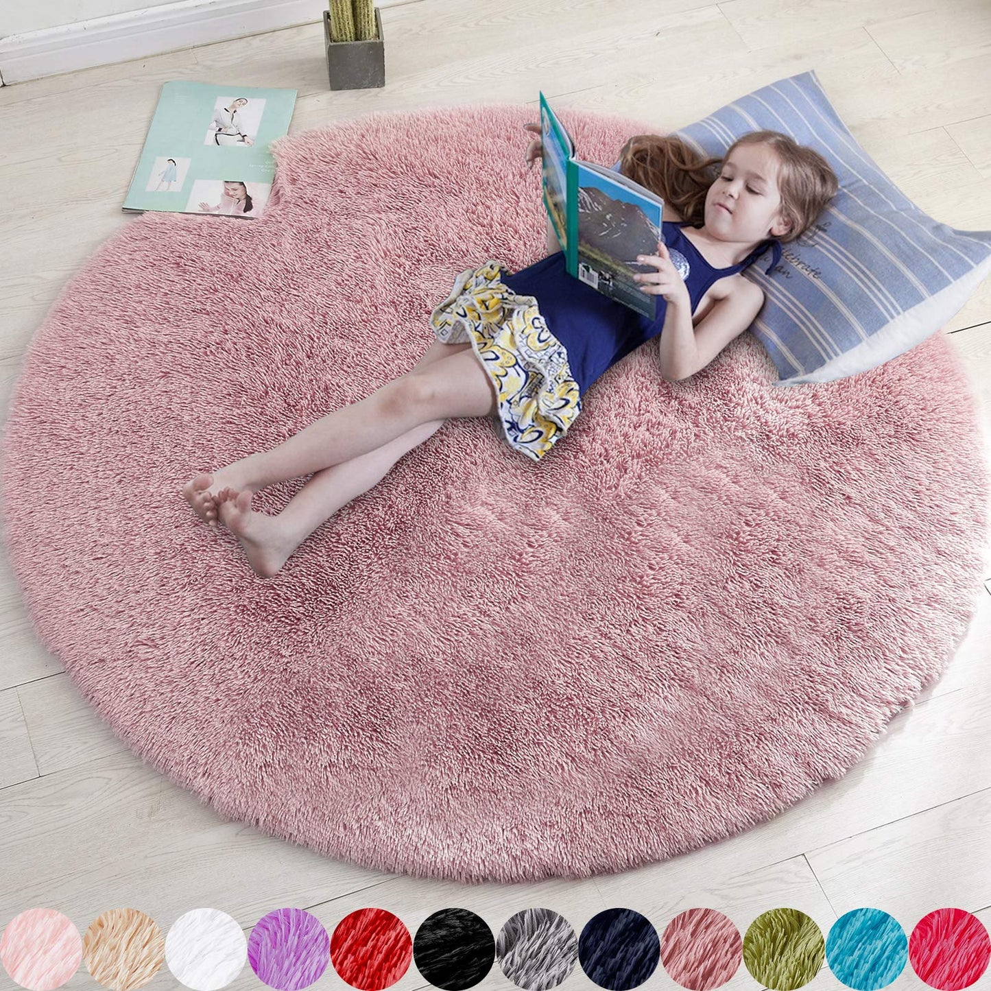Pink Round Area Rugs 6Ft for Bedroom Living Room, Big Fluffy Shag Circle Rug for Kids Playroom, Cute Preppy Room Decor for Teen Girls, Cozy Fuzzy Furry Plush Carpets for Baby Nursery, Dorm, Classroom