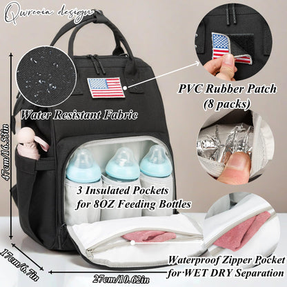 Diaper Bag Backpack for Dad and Mom with USB Charging Port Stroller Straps and Insulated Pocket,army military Travel Nappy Backpack for Daddy/Mommy (Black)