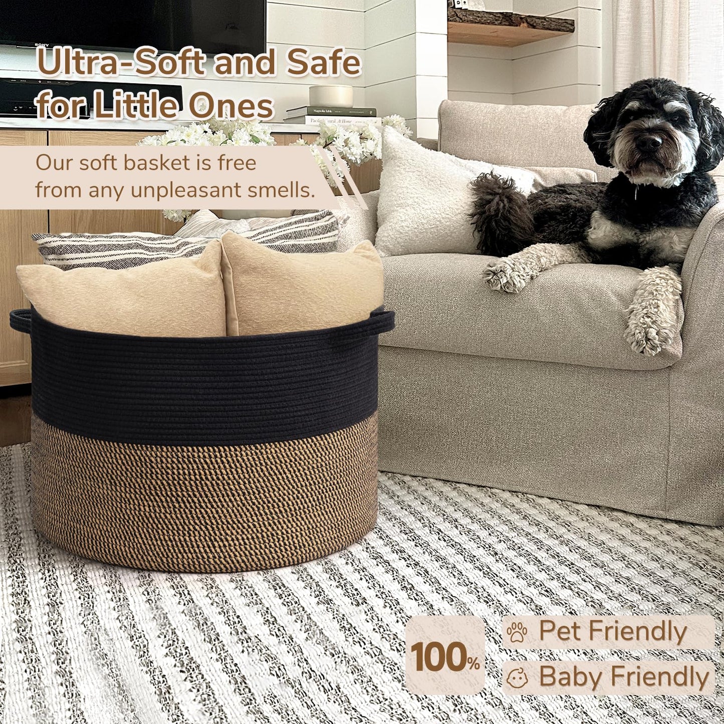 INDRESSME XXXLarge Cotton Rope Basket 21.7" x 21.7" x 13.8" Woven Baby Laundry Blanket Basket Toy Baskets with Handle Storage Comforter Cushions Thread Laundry Hamper