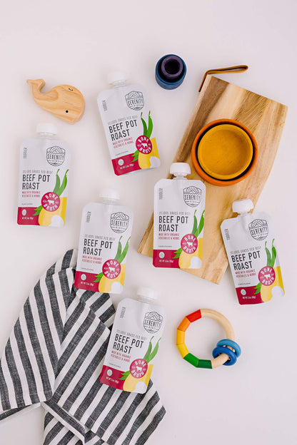 Serenity Kids 7+ Months Bone Broth Puree Made With Organic Veggies - Clean Label Project Purity Award Certified - 3.5 Ounce BPA-Free Pouch - Grass Fed Beef Pot Roast - 12 Count - Baby Food Pouch