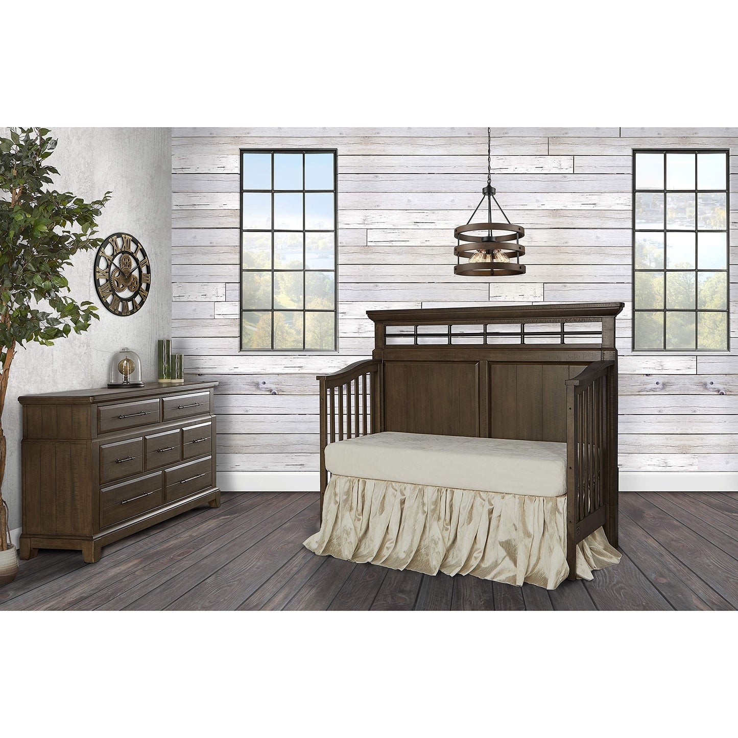 Evolur Empire 5-in 1 Convertible Crib with Metal Elements in Distressed Timber, Green Guard Certificated, Free Mattress