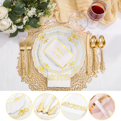 Ciaell 175 PCS White and Gold Plastic Plates - Fancy Gold Disposable Dinnerware Set with of 25 Dinner Plates, 25 Salad Plates, 25 Knives, 25 Forks, 25 Spoons, 25 Cups, 25 Napkins for Weddings Party