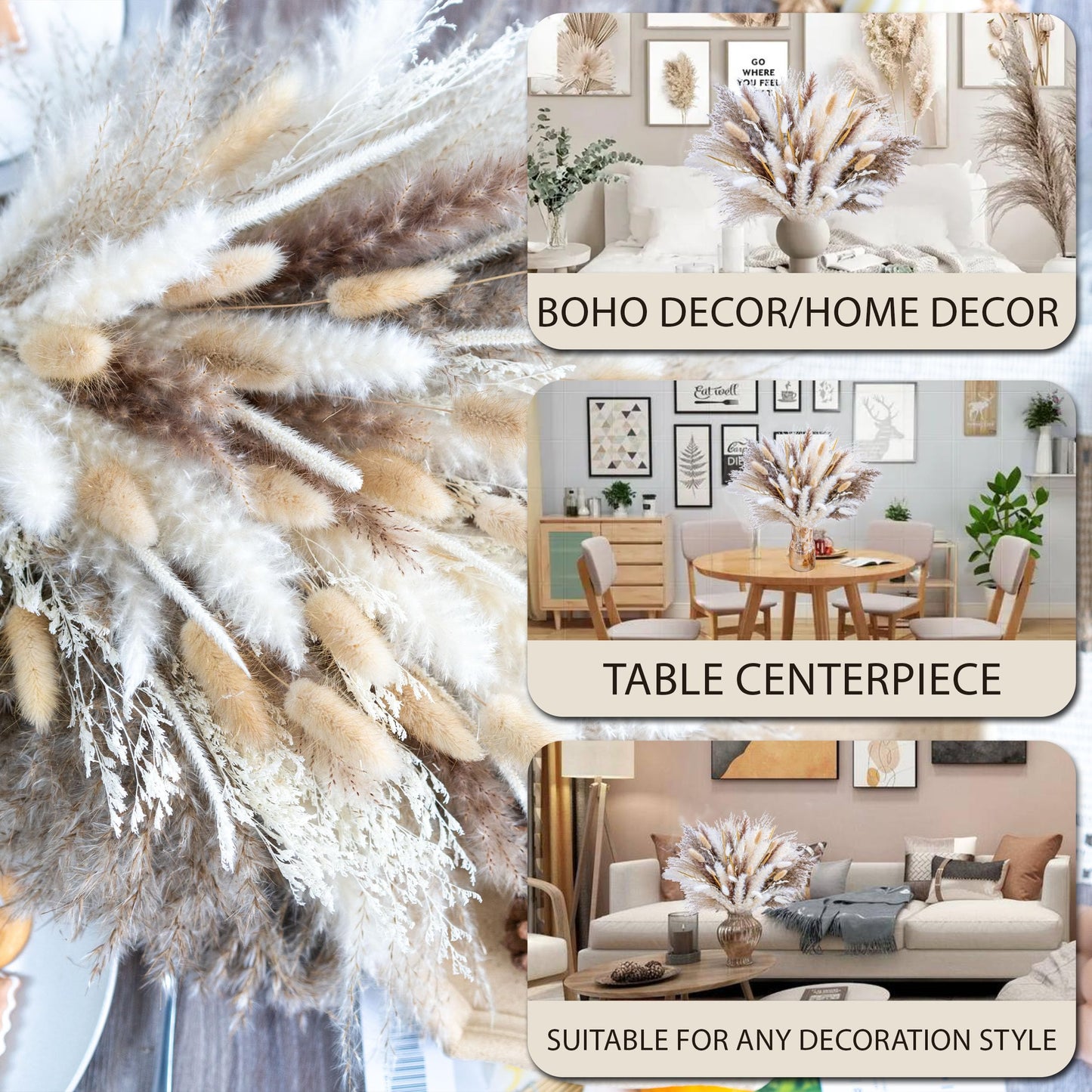 95 PCS Natural Pampas Grass Decor Bouquet | Boho Dried Floral Arrangement Centerpiece Table Decor Wedding Decor Rustic Decor, Natural, white, beige (Fdm-b-01)