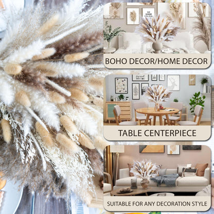 95 PCS Natural Pampas Grass Decor Bouquet | Boho Dried Floral Arrangement Centerpiece Table Decor Wedding Decor Rustic Decor, Natural, white, beige (Fdm-b-01)