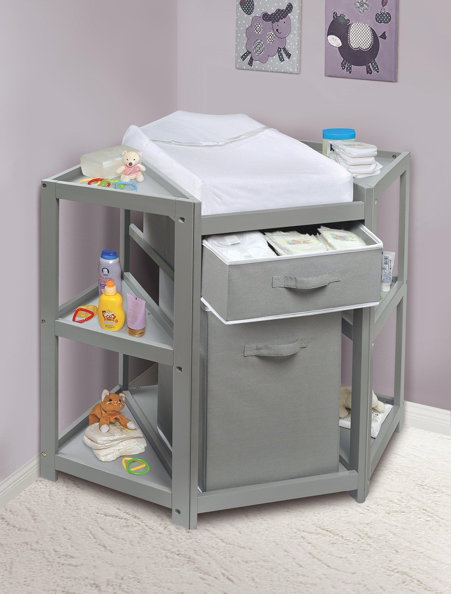 Badger Basket Diaper Corner Baby Changing Table – Space-Saving White Nursery Station with Hamper, Basket & Changing Pad